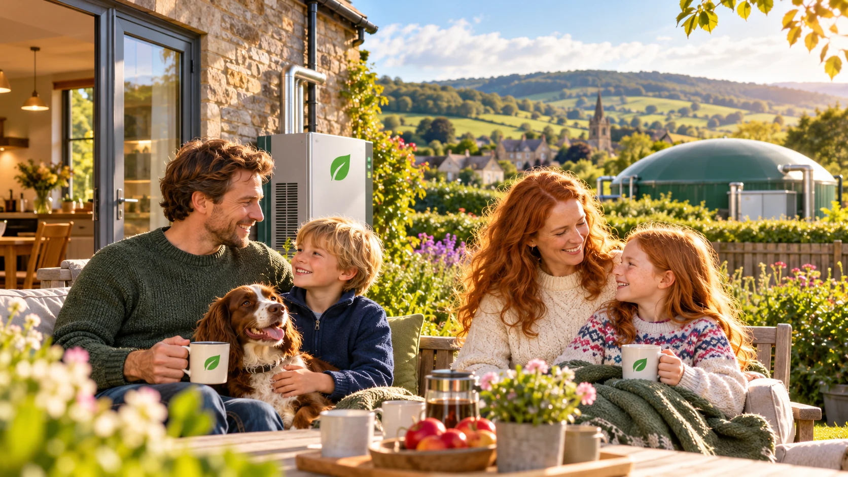 North Tyne family using renewable home energy, with a community biogas plant in the background