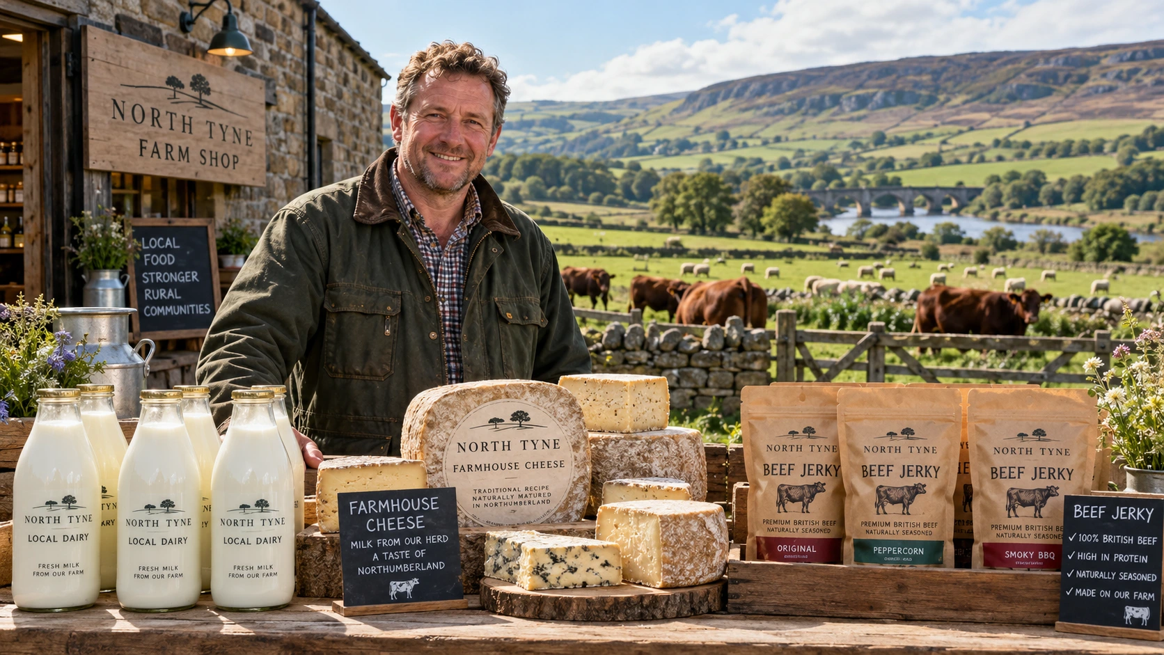 Northumberland farmer proudly displaying his farmhouse cheese, dairy milk and beef jerky