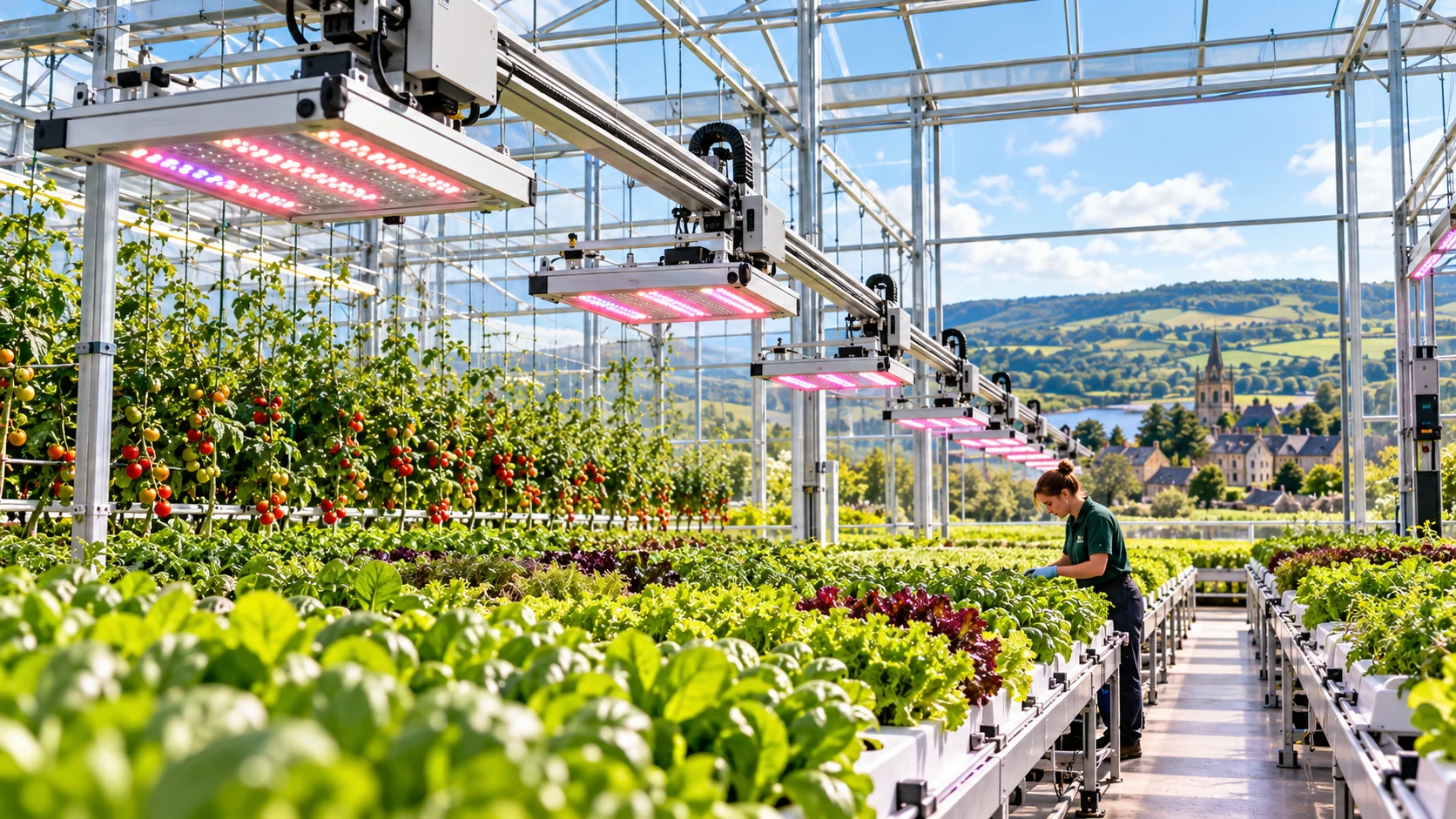 High-technology North Tyne greenhouse with artificial LED grow lights mounted on automated light movers above the crops