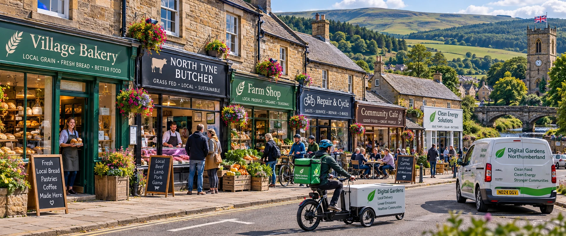 Northumberland village high street with bakery, butcher, farm shop, bicycle repair, café and clean-energy business