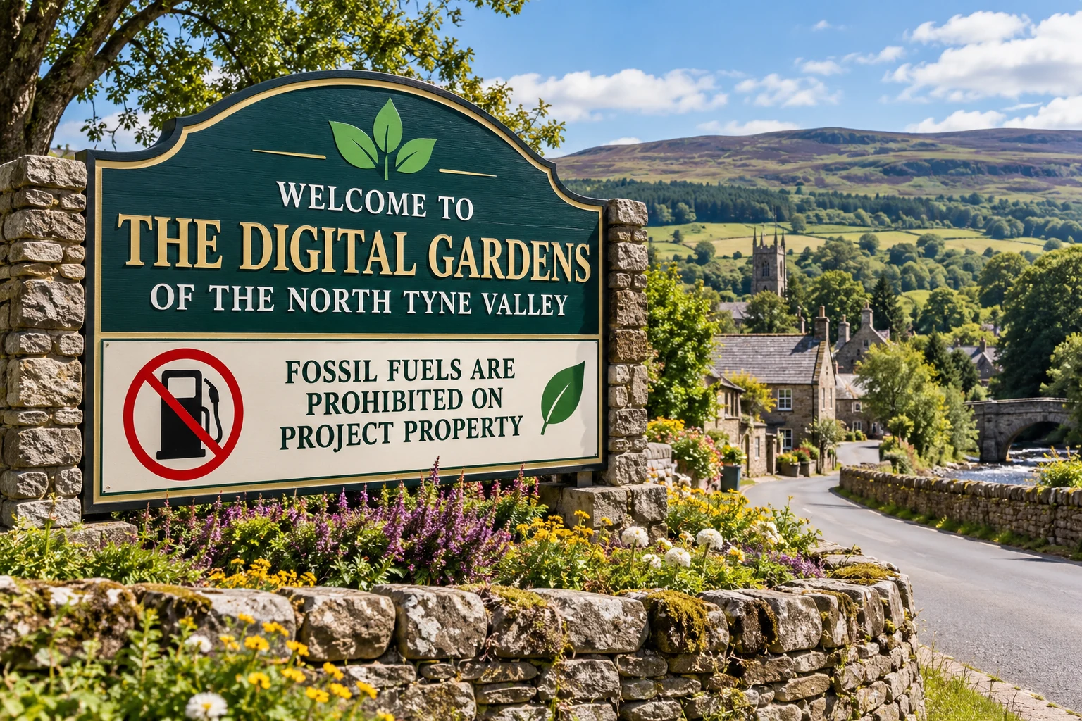 Welcome sign for the Digital Gardens of the North Tyne Valley stating that fossil fuels are prohibited on project property