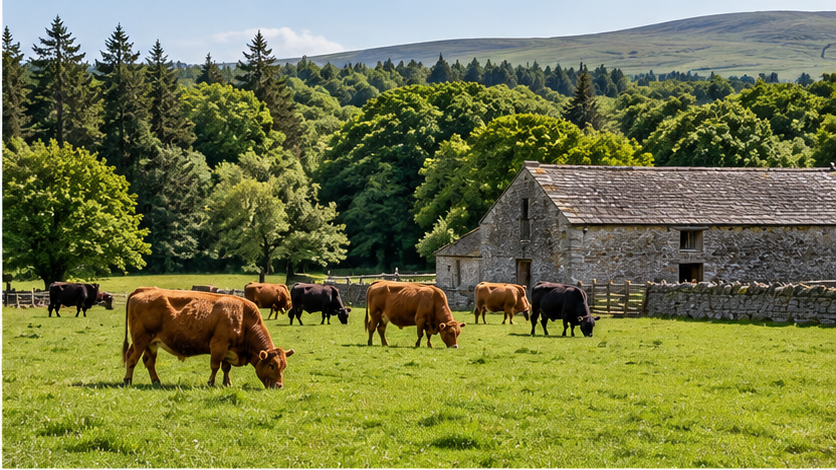 Cattle and traditional stone farm buildings in Northumberland