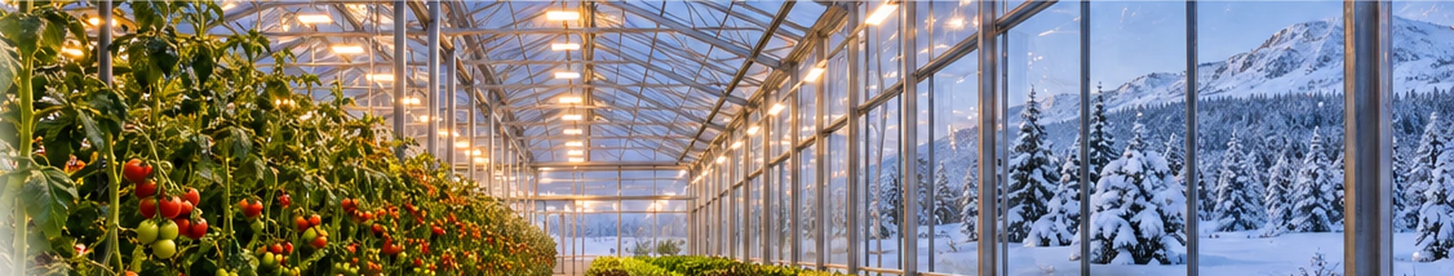 Northumberland greenhouse with LED grow lights suspended on adjustable overhead tracks