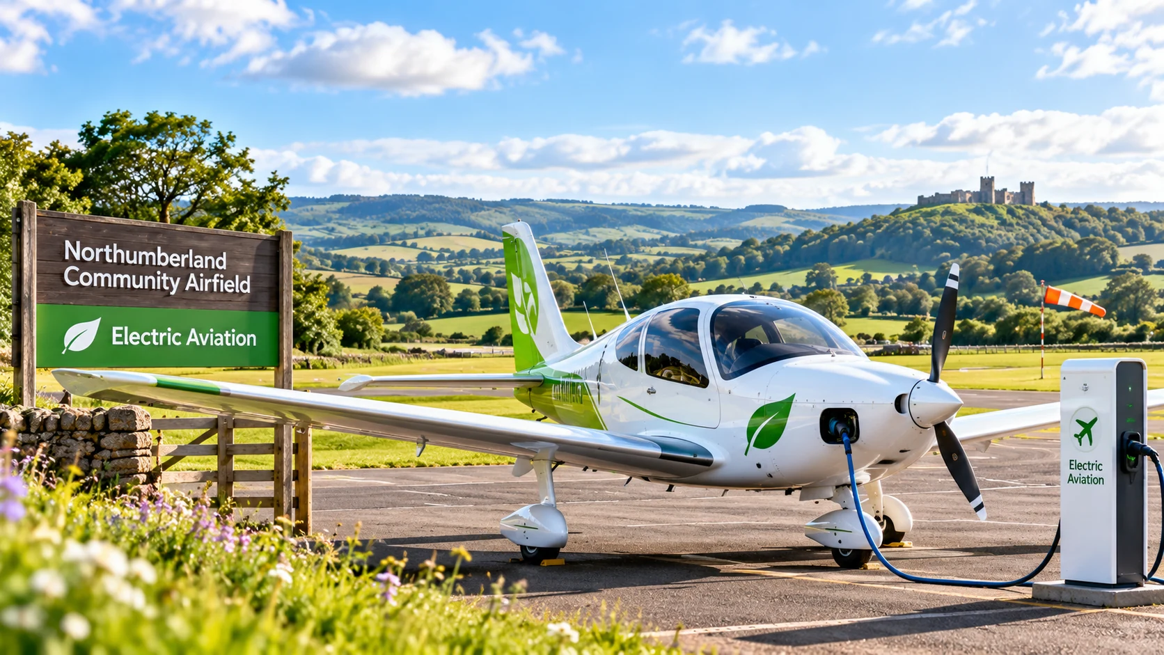 Electric aircraft charging at a Northumberland community airfield
