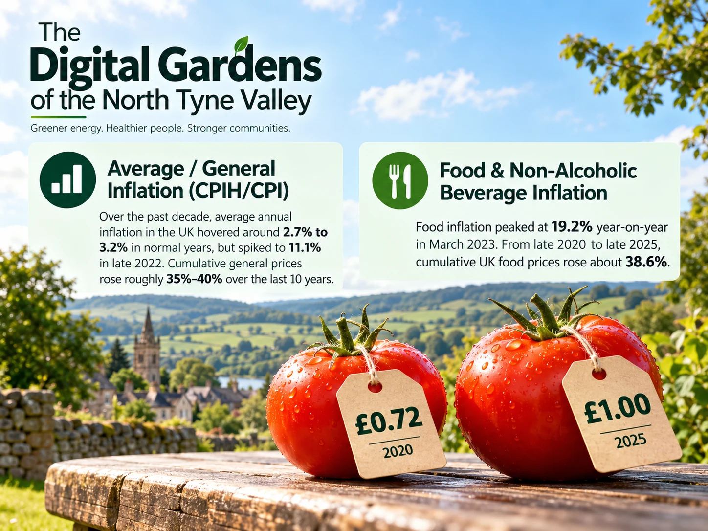 UK food inflation illustration with tomato price tags in pounds sterling