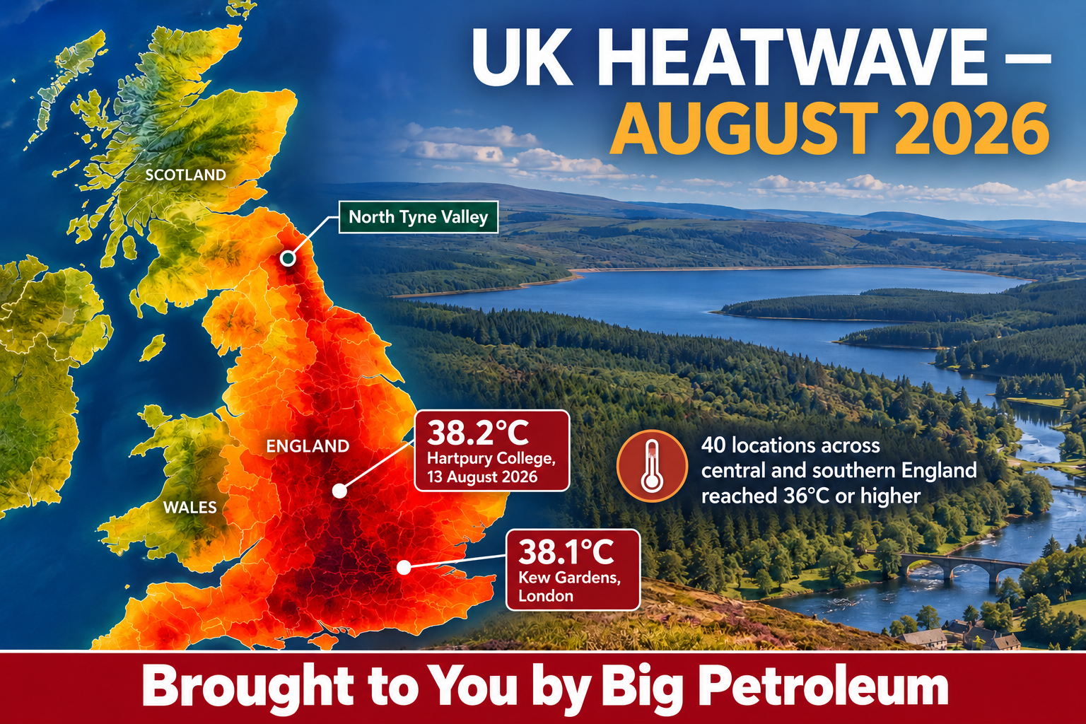 UK heatwave map for August 2026 highlighting the North Tyne Valley and recorded high temperatures